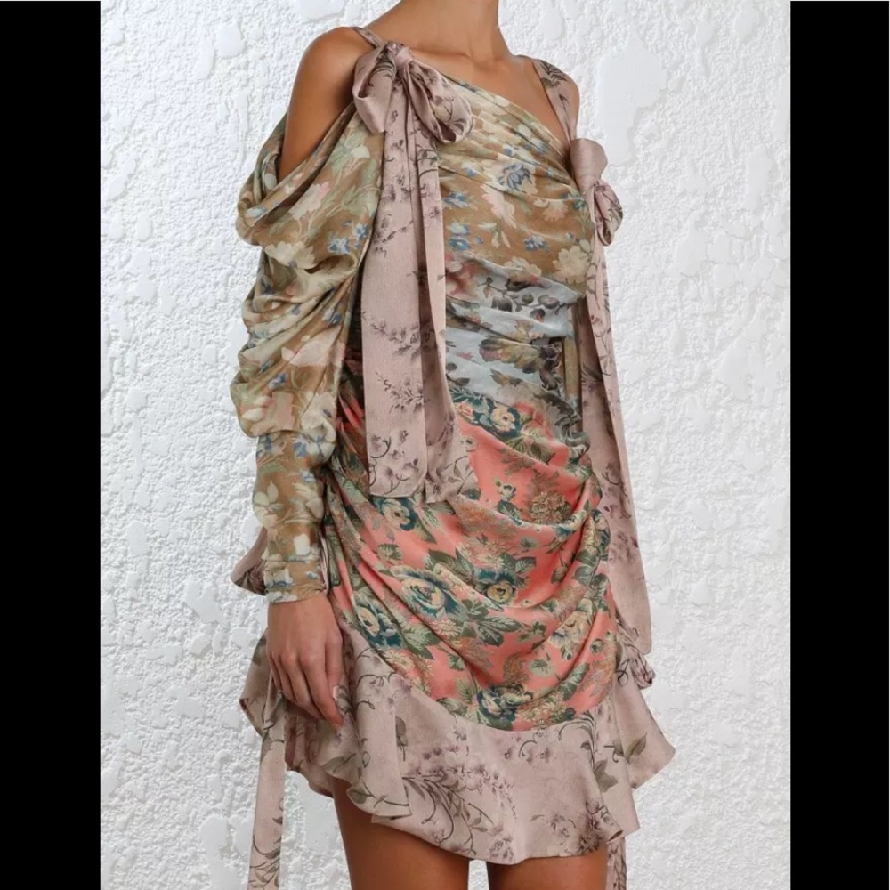 Zimmermann Elixir Cold Shoulder Floral Silk Dress